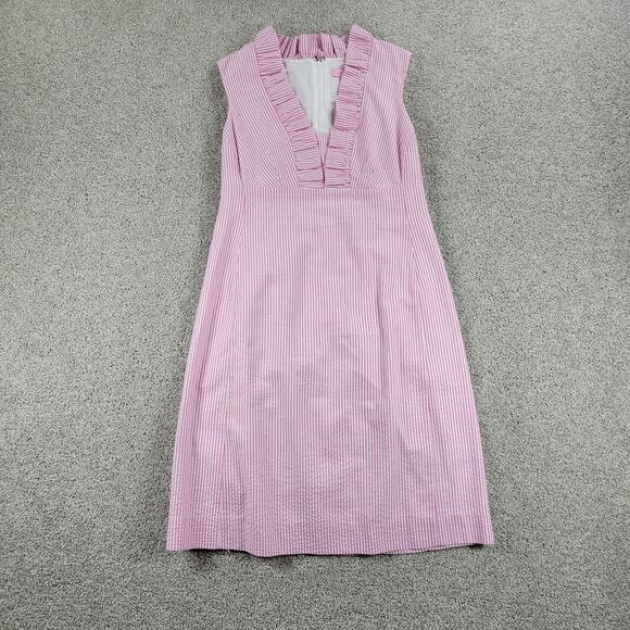 Lilly Pulitzer Adeline Dress Womens 2 Pink White Stripe Seersucker Mini Ruffles - Picture 1 of 12